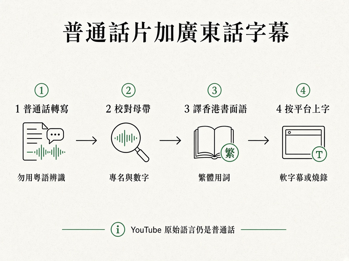 四步流程圖：普通話轉寫、校對母帶、譯香港書面語、按平台上字