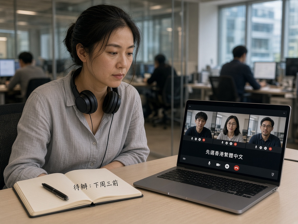 香港開放式辦公室，同事看着筆記型電腦上的 Teams 會議與底部字幕