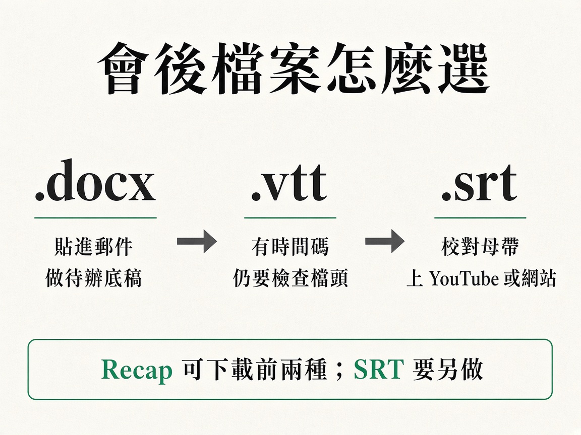 會後從 Recap 下載 VTT 與另做 SRT 的分工