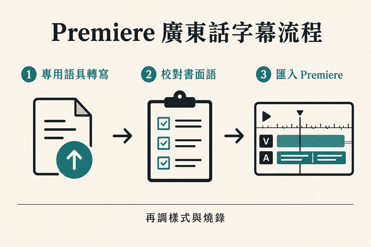 Premiere 廣東話字幕三步流程：專用語具轉寫、校對書面語、匯入 Premiere