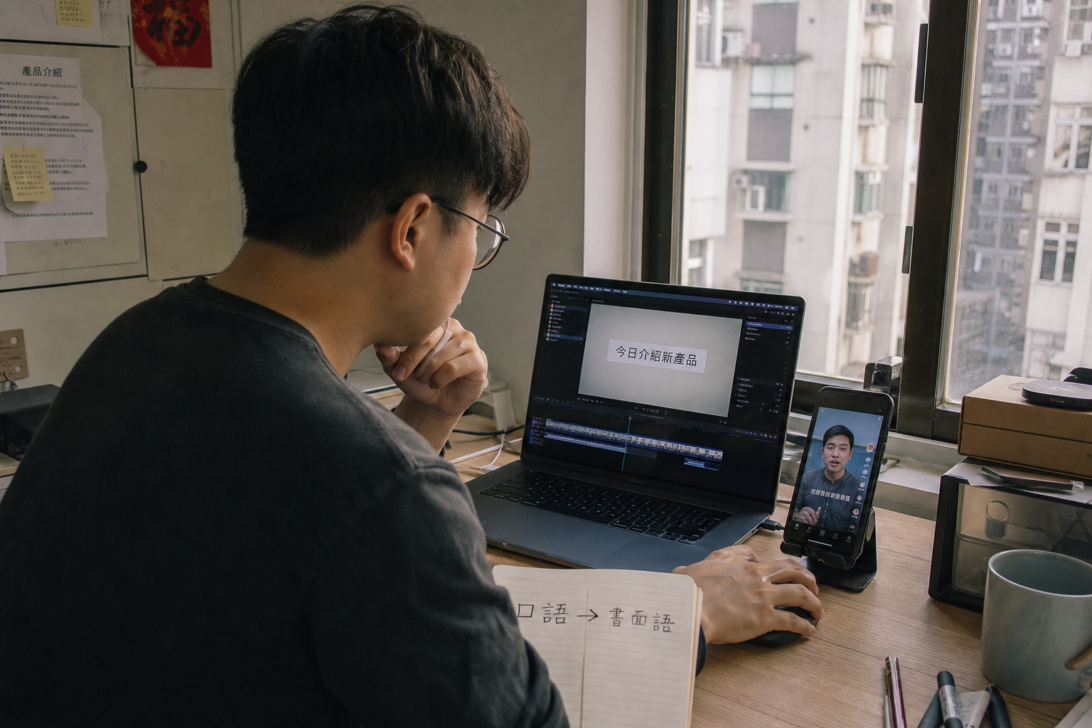 創作者在窗邊書桌用筆記型電腦剪片，螢幕預覽顯示「今日介紹新產品」，筆記本寫著「口語 → 書面語」