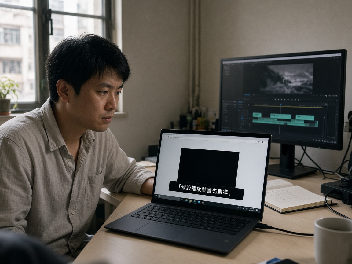 編輯桌面:Windows 筆電下緣停靠即時字幕,耳機線連着預設播放裝置