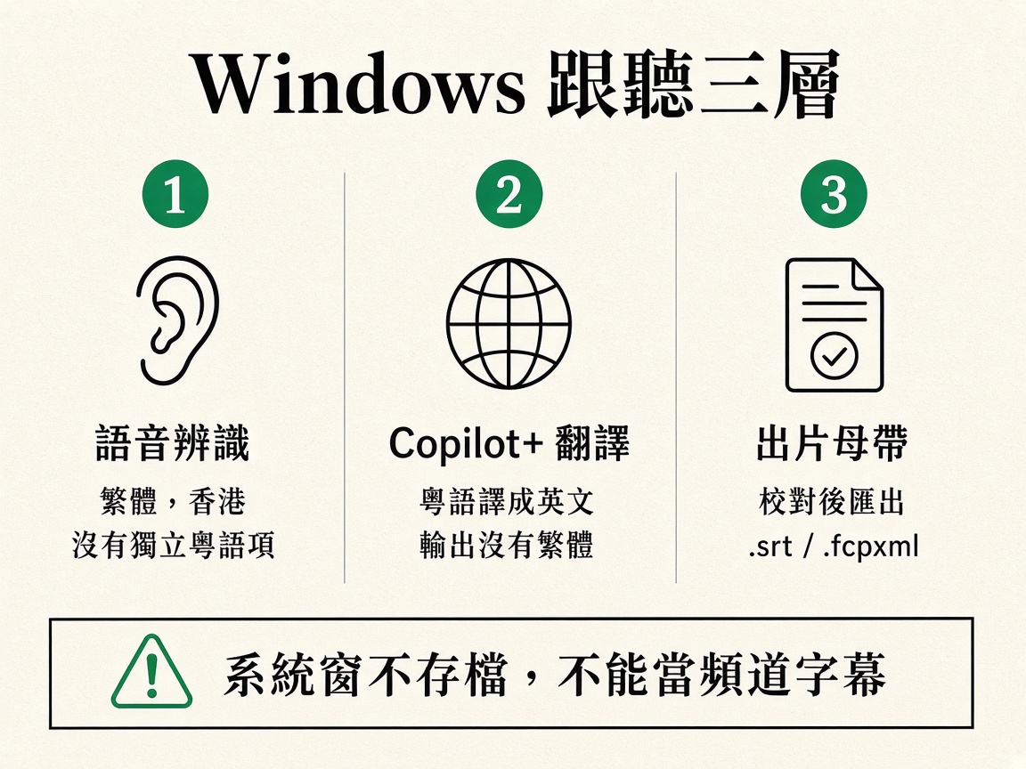 三欄對照:語音辨識有繁中香港、粵語只在譯英文來源、出片要另做 SRT