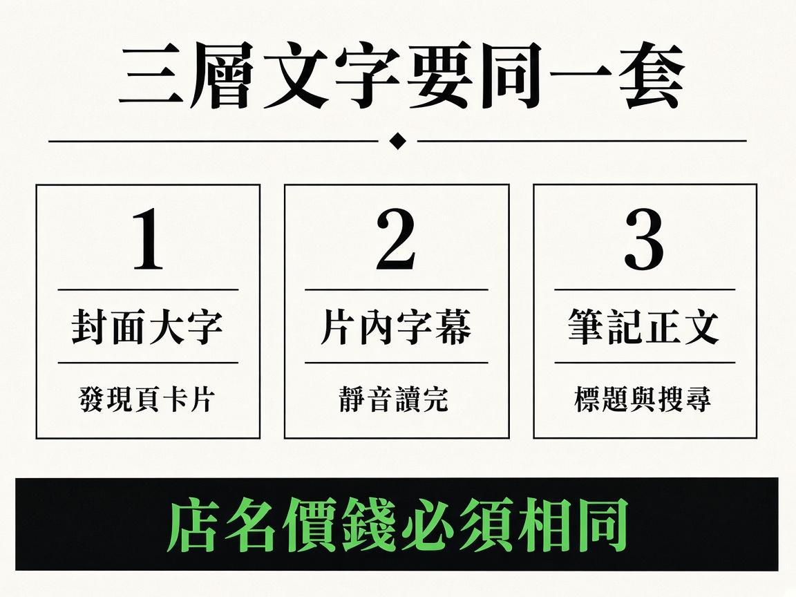四格圖:封面大字、片內字幕、筆記正文、專名必須同一套