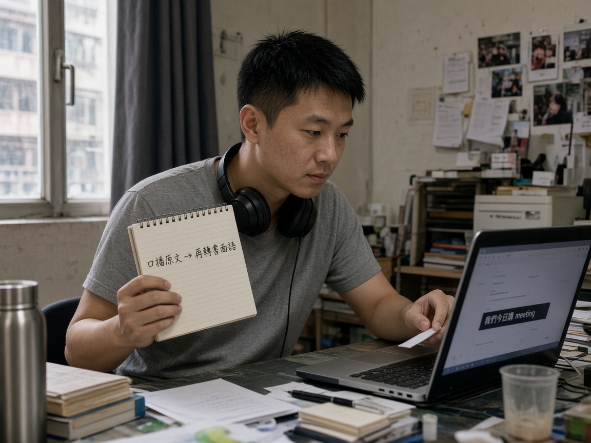 香港創作者對着筆記型電腦，筆記本寫着口播原文再轉書面語