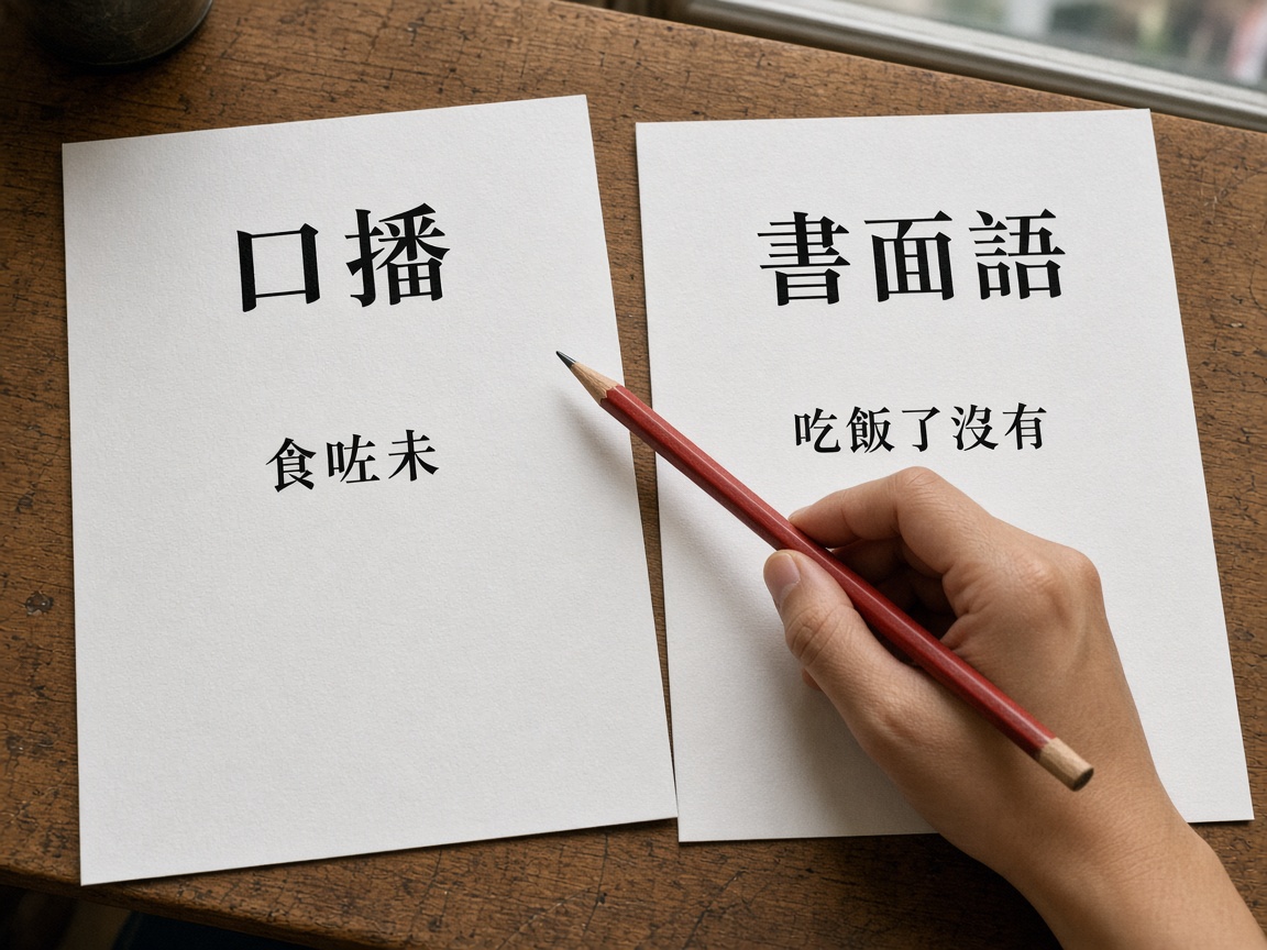 書桌上兩張紙對照口播「食咗未」與書面語「吃飯了沒有」，手持紅鉛筆