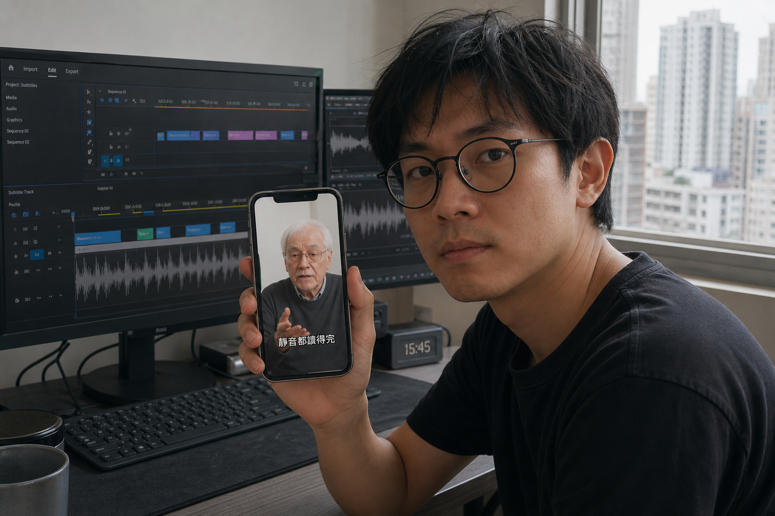 創作者在桌前用手機直式預覽 Shorts,螢幕下方顯示廣東話書面語字幕
