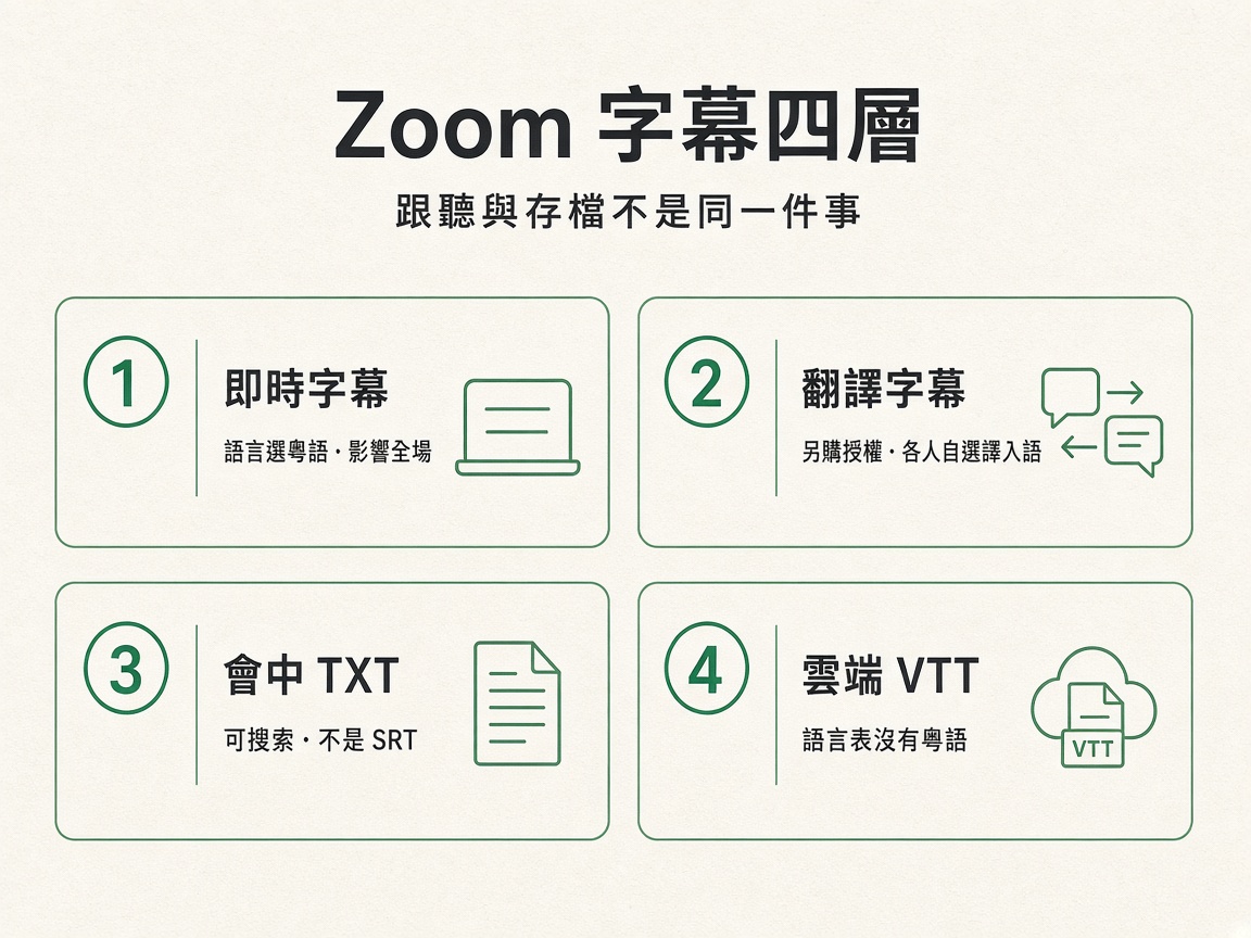 對照 Zoom 即時字幕、翻譯字幕、會中 TXT 與雲端音訊轉寫四層