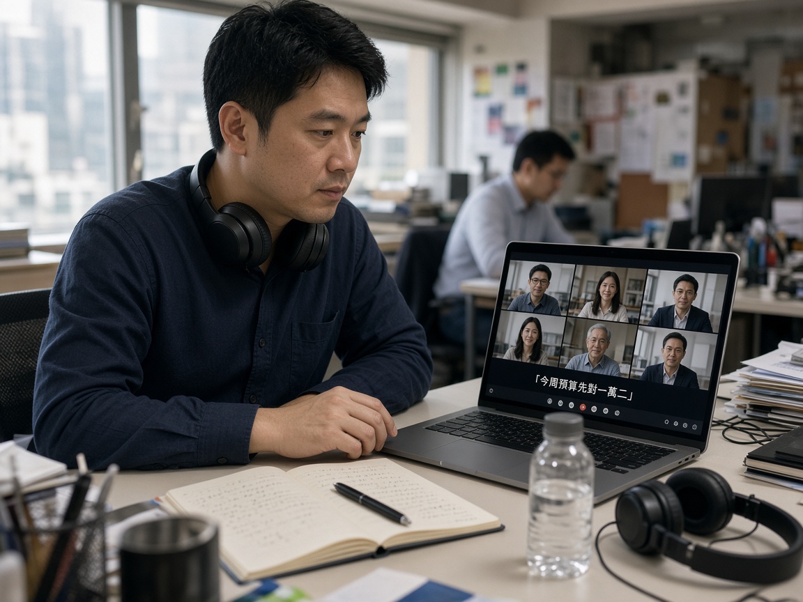 香港辦公室裡同事看着筆記型電腦上的 Zoom 會議,畫面下方有字幕列